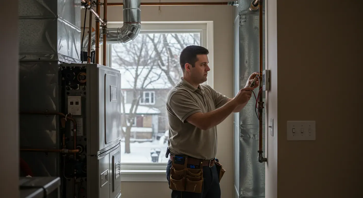 A technician in a tan polo and tool belt stands, using tools to work on the external wiring and components next to a furnace.