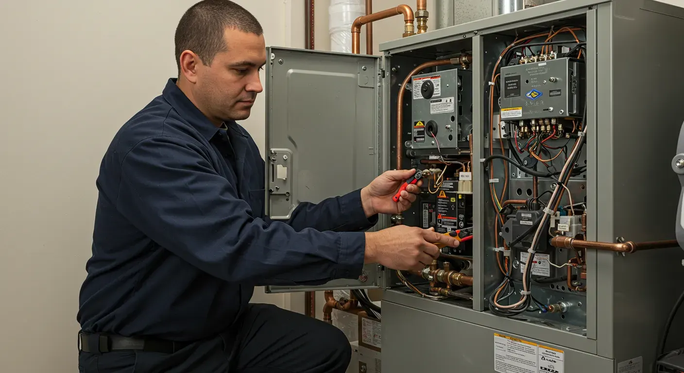 A technician in a blue uniform kneels, using a multimeter to test the wiring inside a furnace.