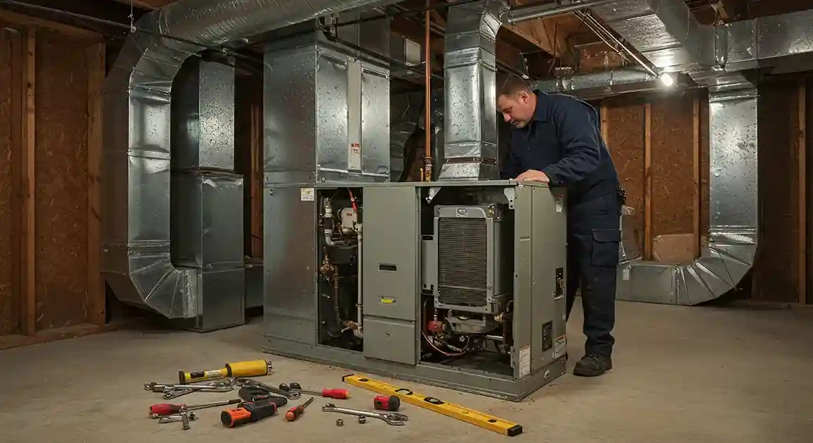 A technician leans over a disassembled furnace to work on its internal parts in a basement.