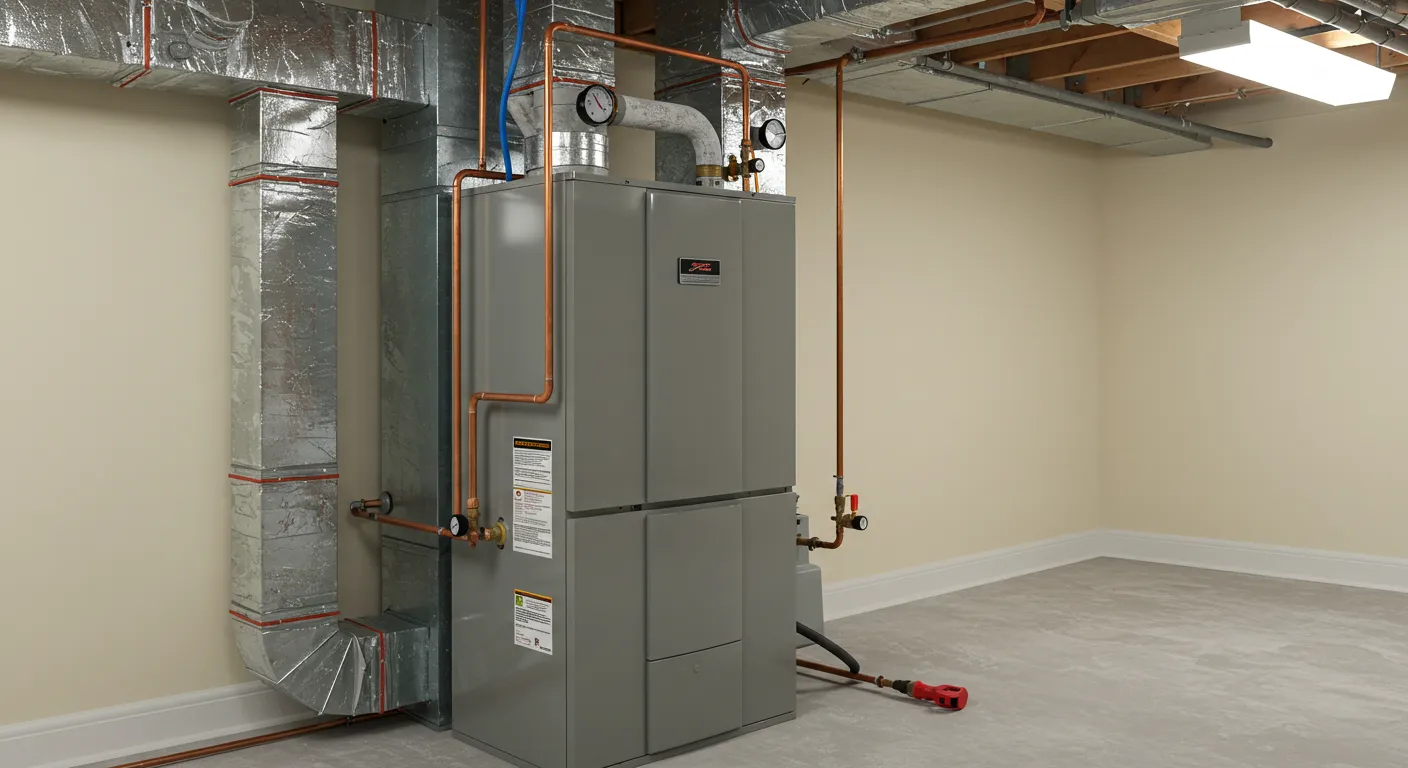 A full view of a modern furnace system, featuring a large gray unit with surrounding copper pipes and foil ducts.
