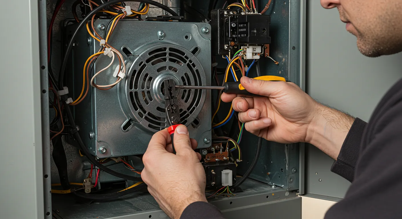 A close-up of a technician using pliers and a screwdriver to repair the fan motor assembly of a furnace.