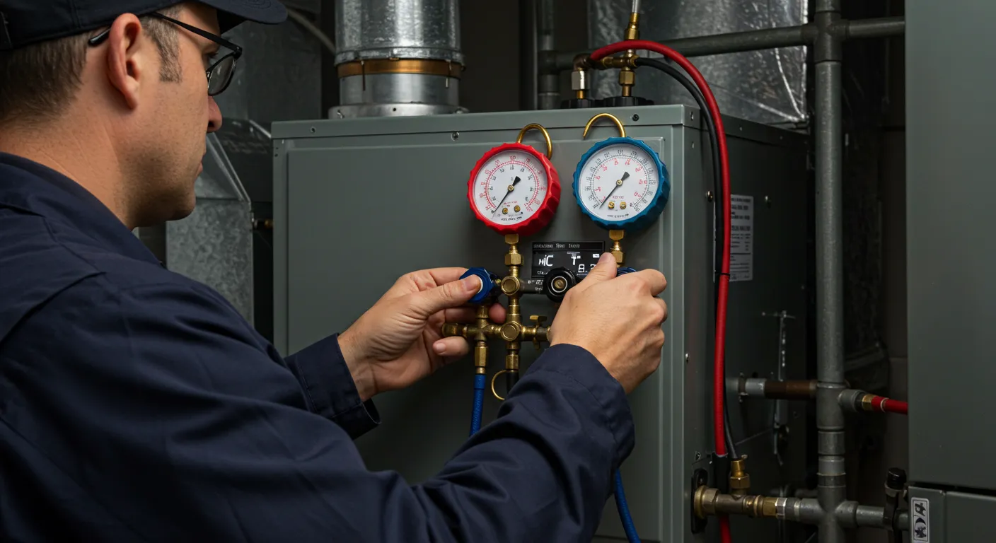 A technician connects a set of red and blue pressure gauges to a furnace to check its refrigerant levels.