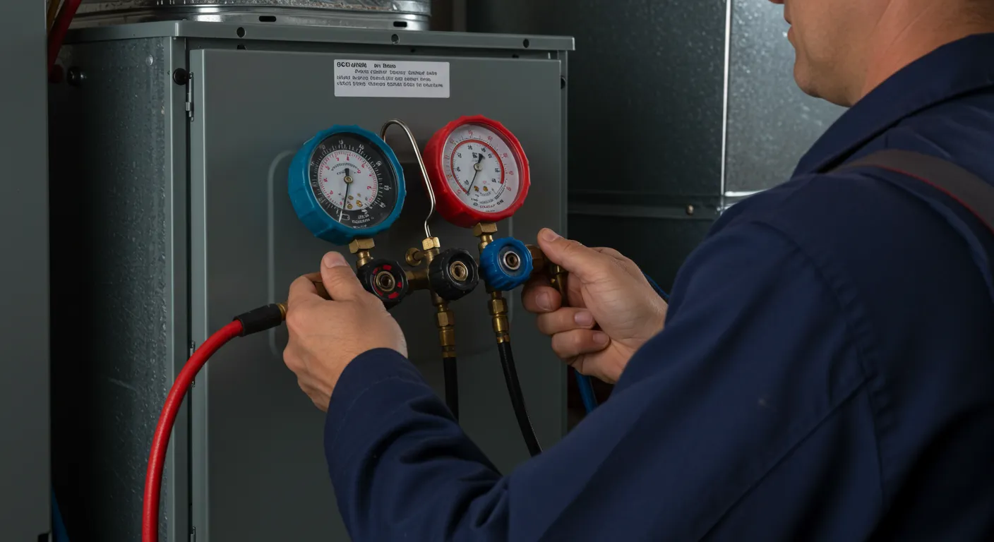 A technician's hands adjusting valves on a red and blue gauge manifold connected to a furnace.