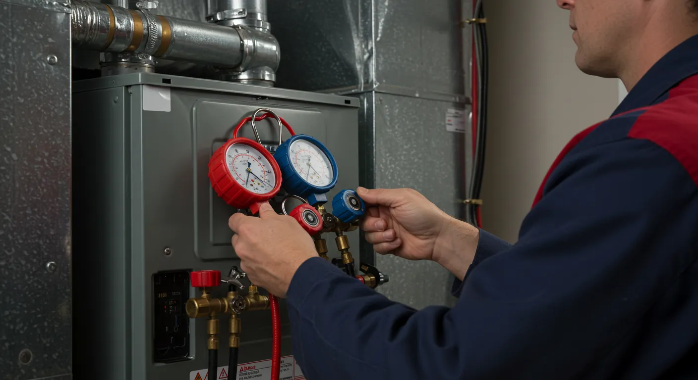 A technician in a blue and red uniform connects a red and blue gauge manifold to a furnace.