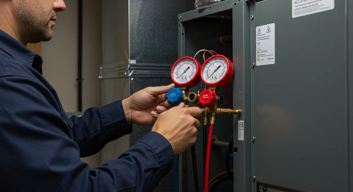 A close-up of a technician's hands adjusting the valves on a red and blue refrigerant gauge set connected to a furnace.