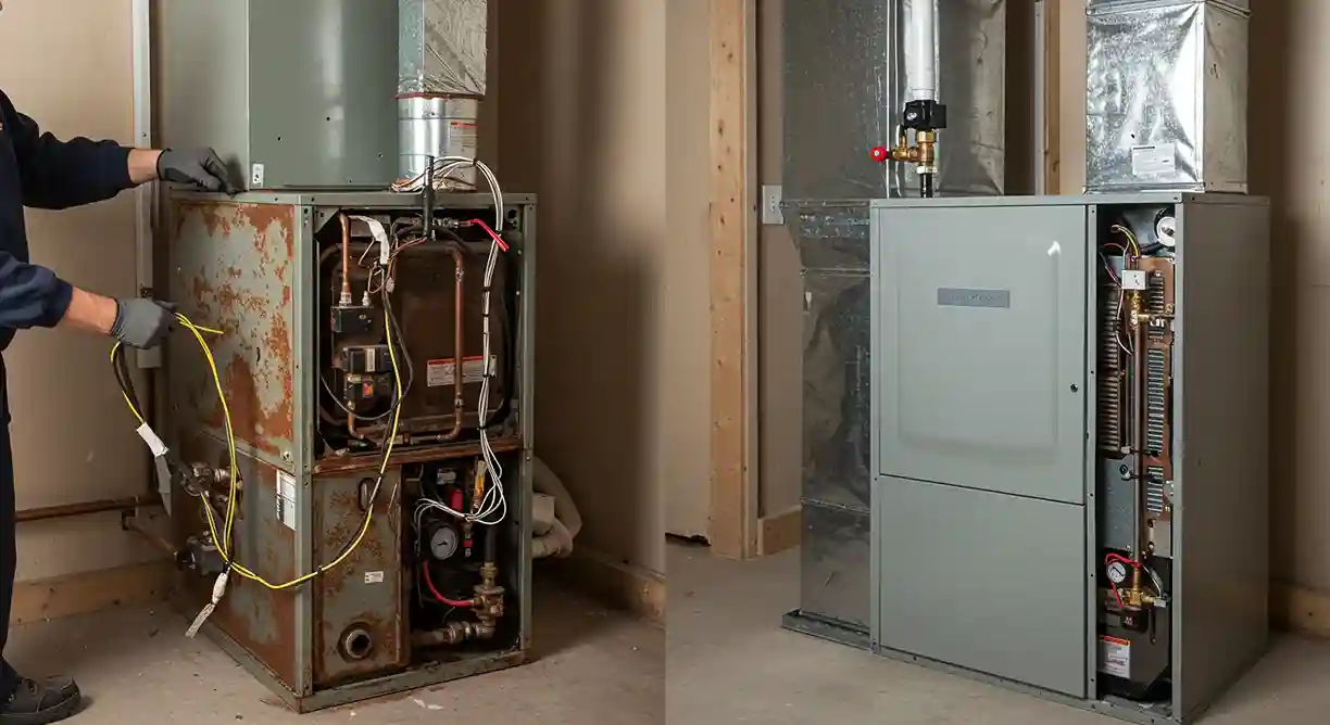 A side-by-side comparison showing an old, rusty furnace next to a new, modern one, highlighting the before and after of a replacement.