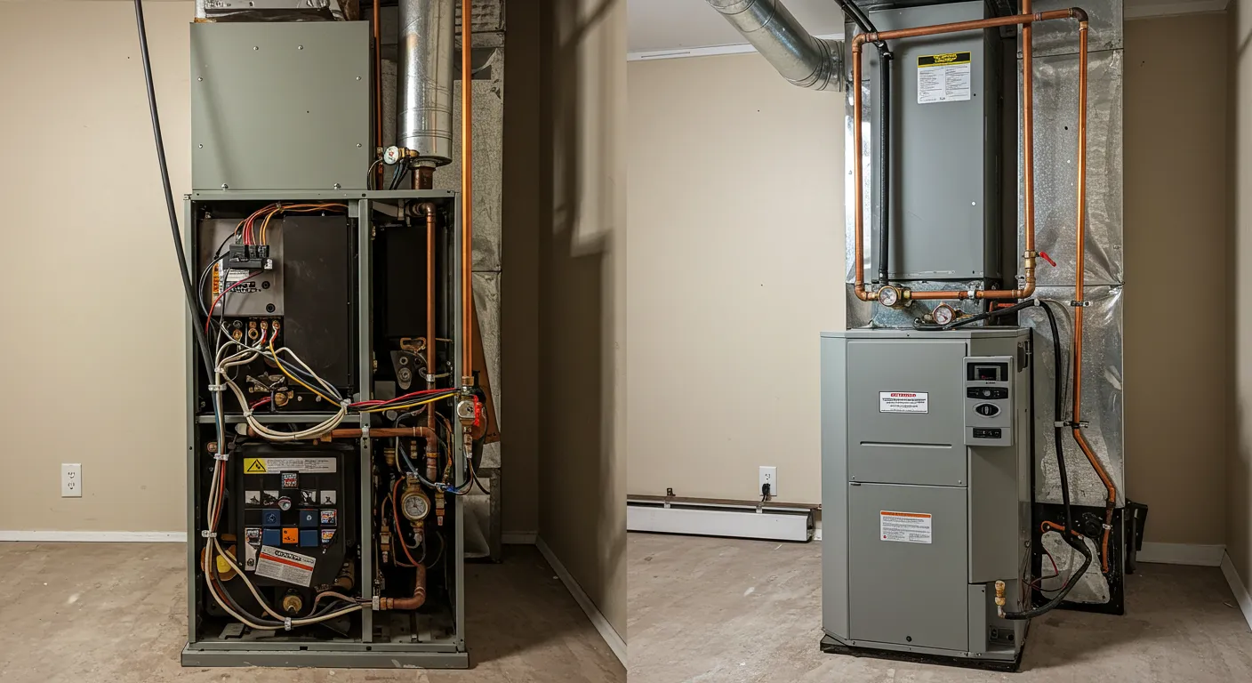 A side-by-side comparison of two furnaces; a new one with a side panel off, revealing internal components next to an installed unit.