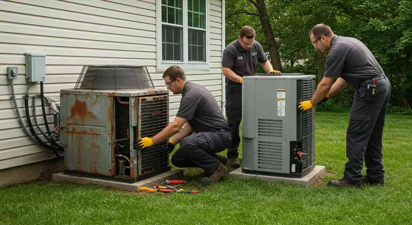 An HVAC technician in a grey polo shirt and safety glasses uses a manifold gauge set with red and yellow hoses to check the pressure levels on a modern outdoor heat pump unit.