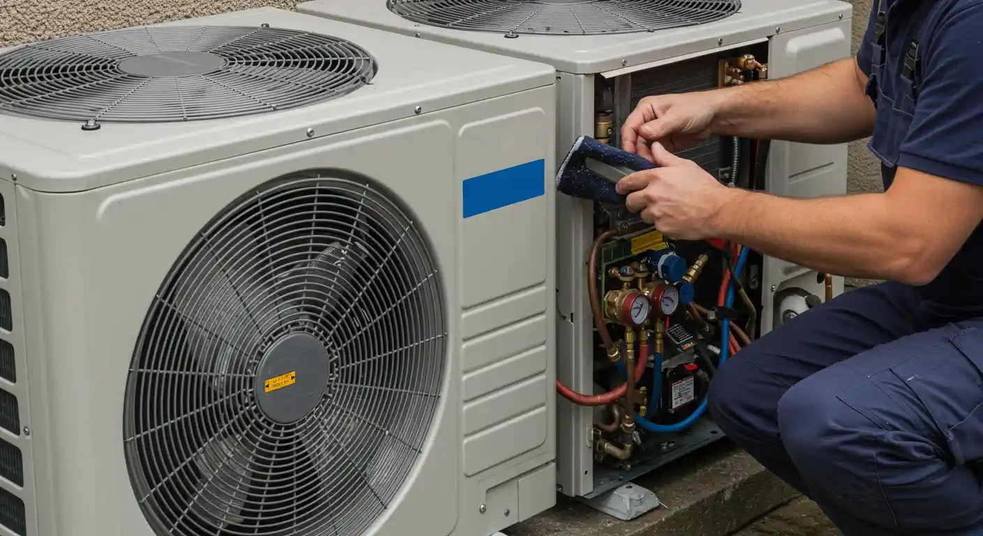 An HVAC technician in a blue uniform and black gloves uses a digital multimeter to test the internal electrical control board of a modern outdoor heat pump unit.