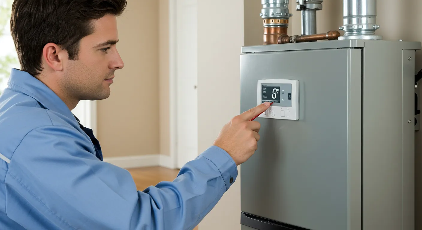 A close-up of a technician in a light blue shirt adjusting the digital thermostat on the front of a furnace.