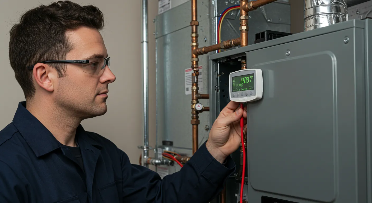 A technician with safety glasses holds a digital meter against a furnace, checking for proper temperature readings.