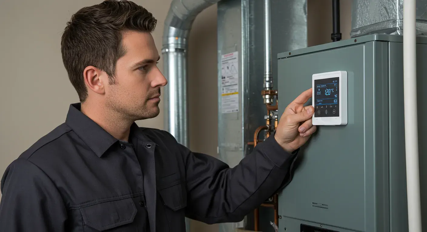 A technician adjusts a digital thermostat display mounted on the side of a modern furnace.