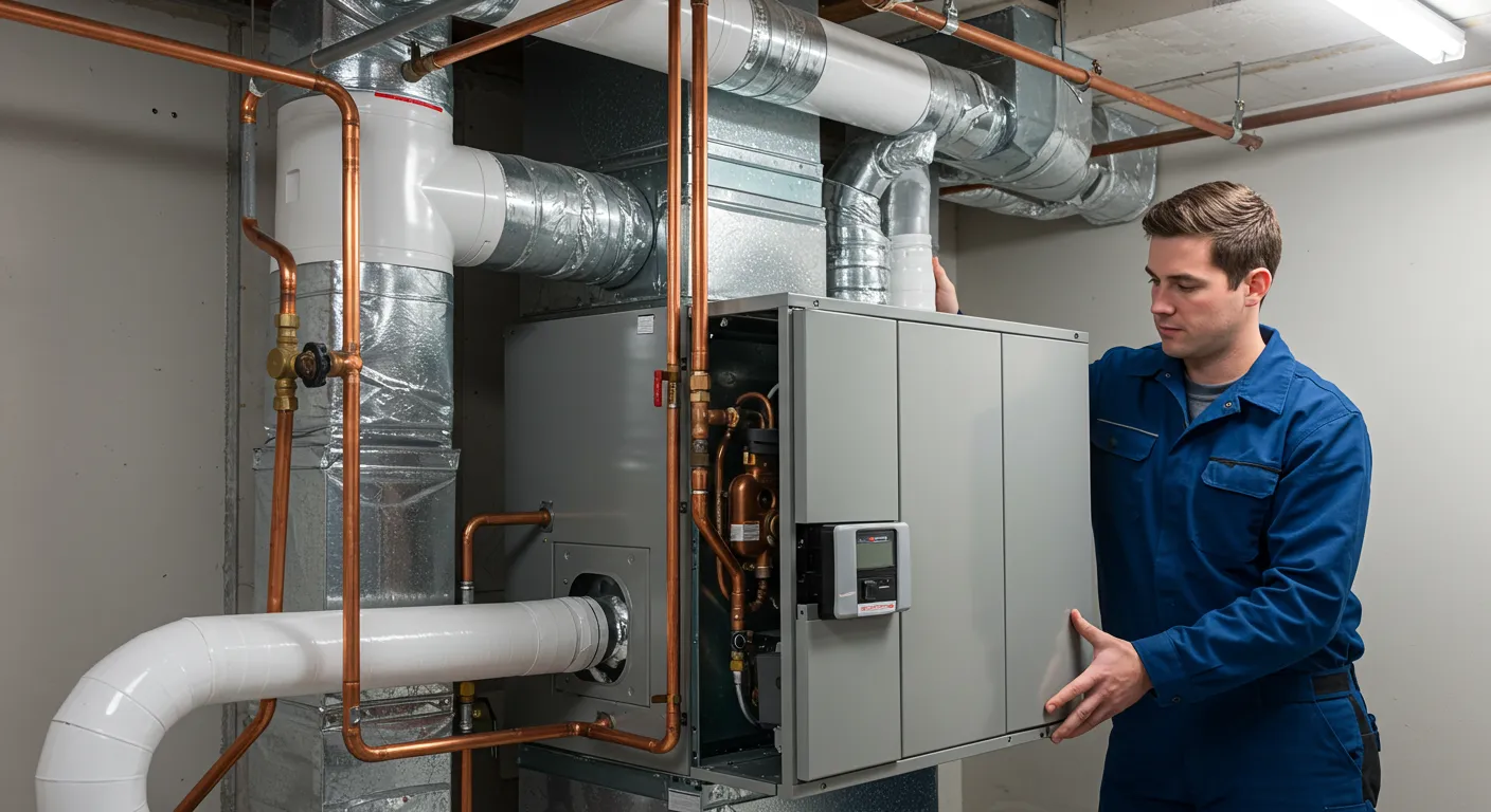 A technician holds a removed panel from a new furnace, revealing the interior components.