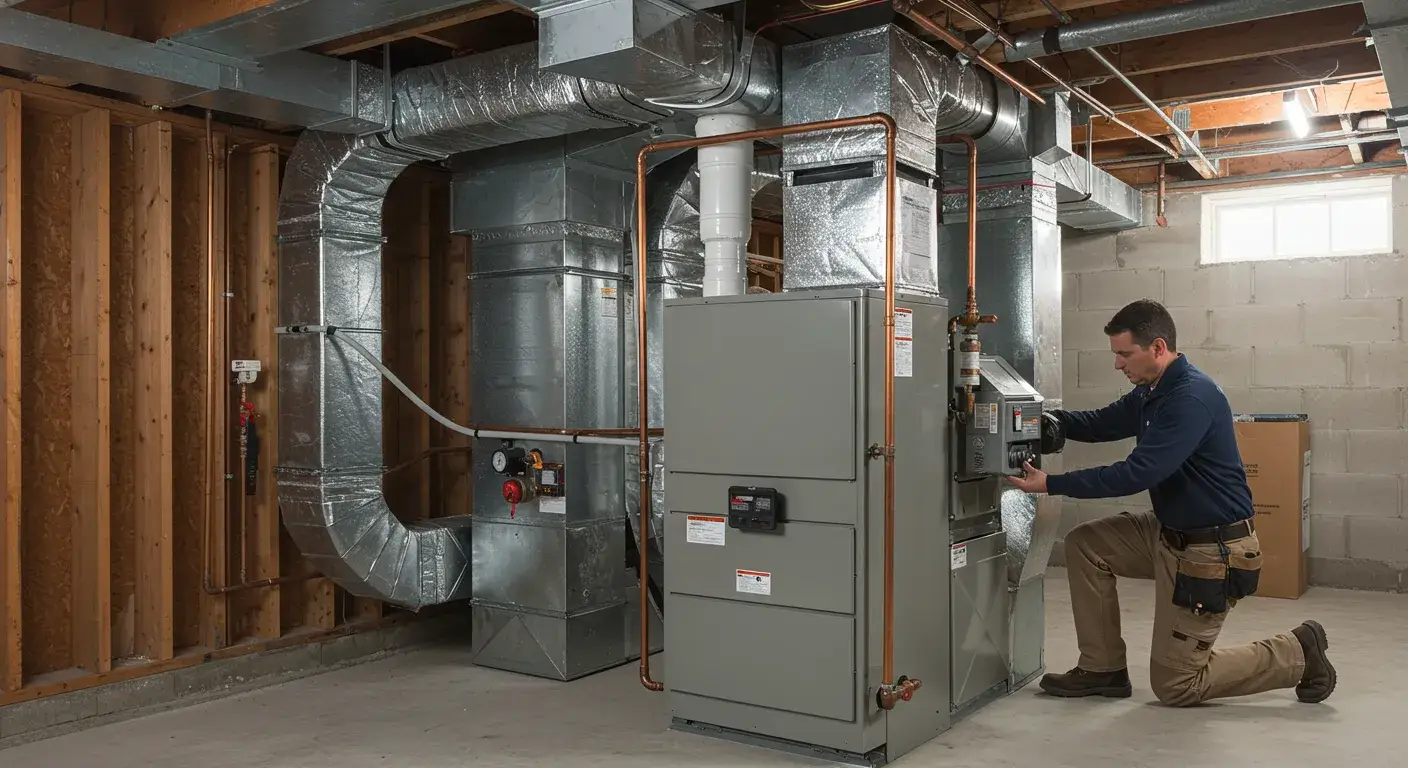 A technician kneels in a basement, adjusting a furnace surrounded by exposed wood framing and ductwork.