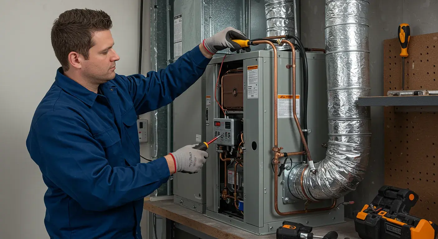 A technician with a screwdriver and pliers works on a new furnace sitting on a workbench, surrounded by various tools.
