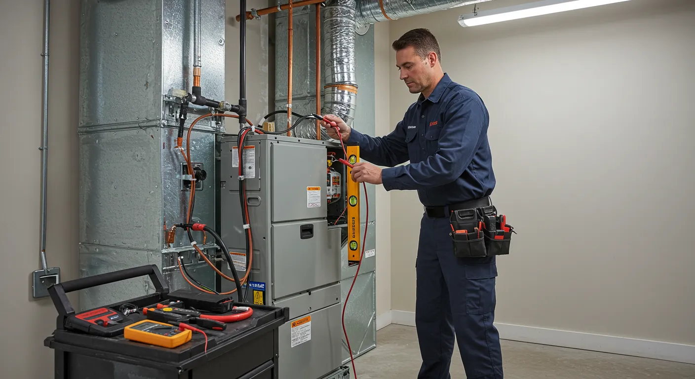 A technician uses a level to adjust a new furnace, with a toolbox filled with instruments nearby.