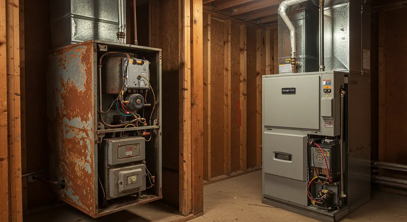 A side-by-side comparison of a severely rusted old furnace next to a new, modern replacement unit.