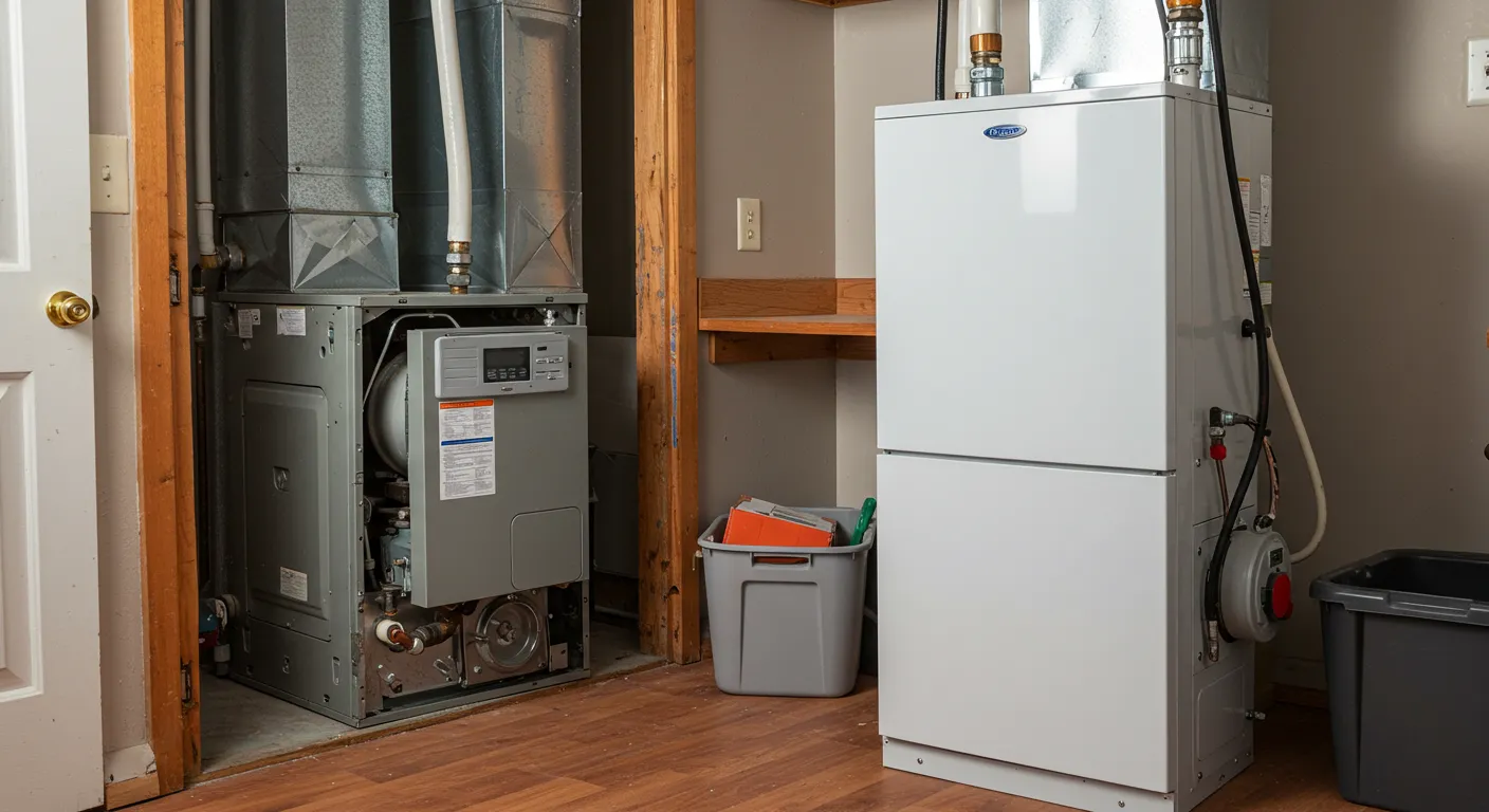 A clean, new white furnace stands next to a modern gray furnace with its front panel open, revealing the internal components.