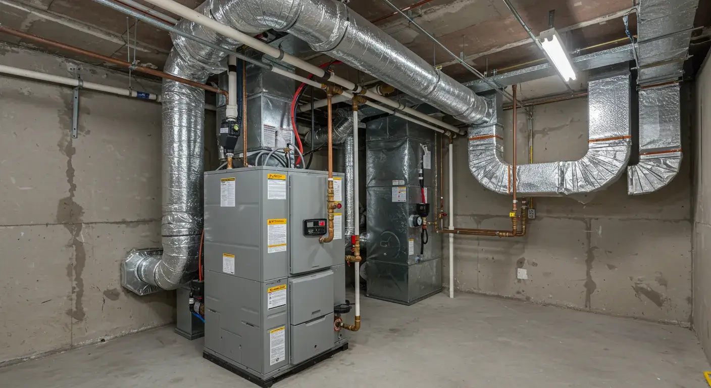 A pair of large, industrial-style gray furnaces connected by a network of insulated silver ducts in a concrete basement.
