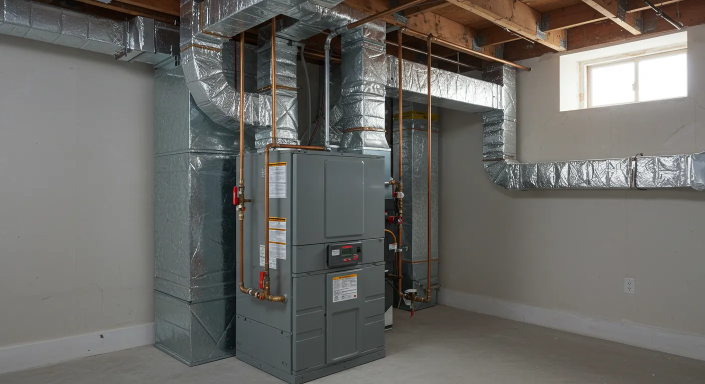 A single, modern furnace with silver insulated ductwork and copper piping installed against a plain gray wall in a basement.