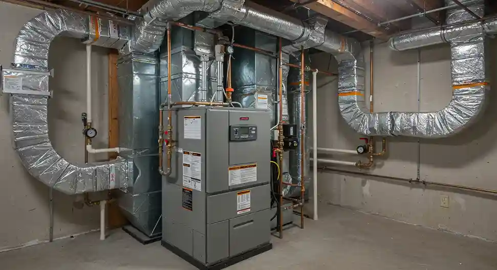 A well-lit basement view of a modern gray furnace with complex, insulated ductwork extending across the ceiling.