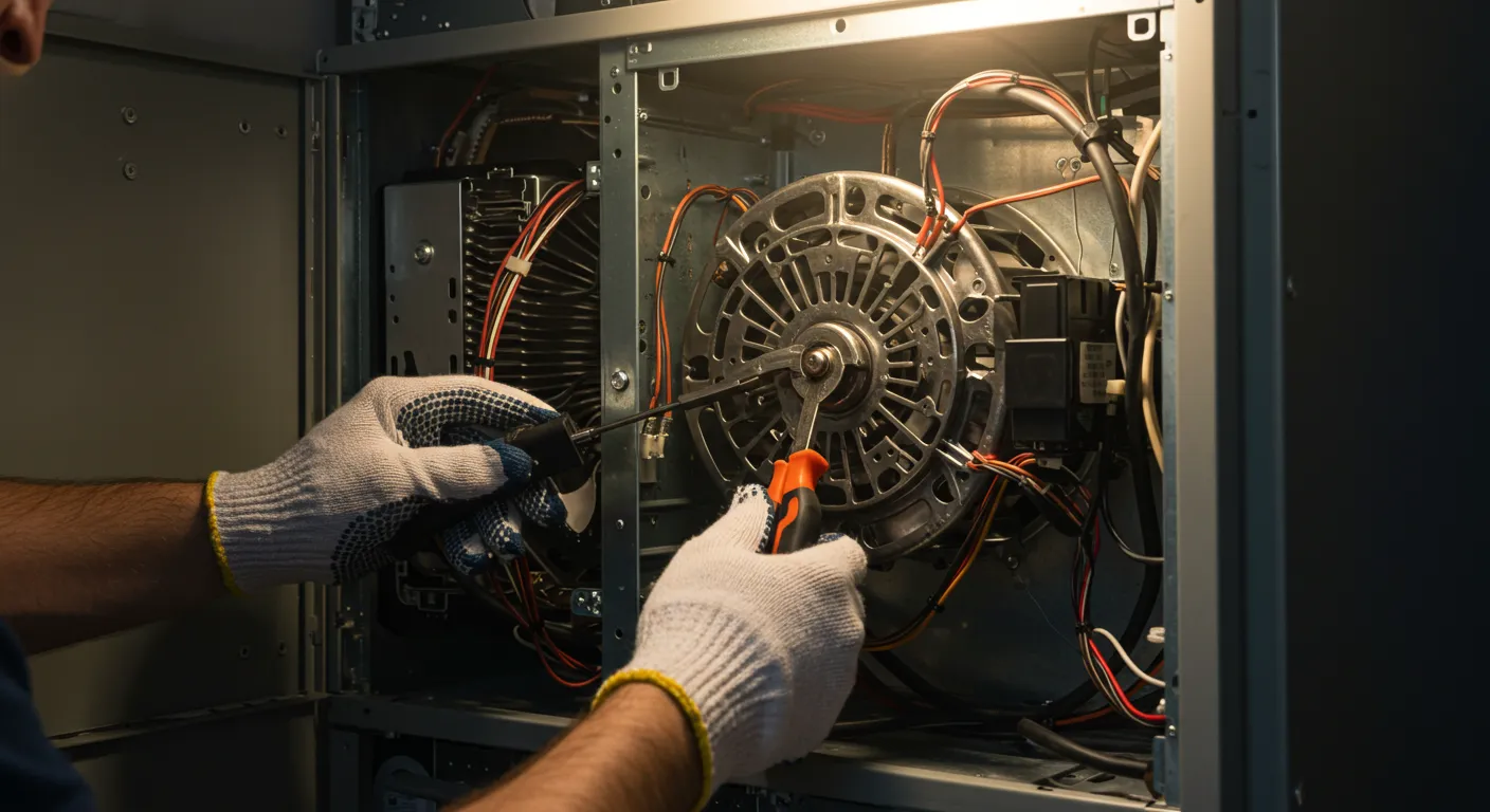 A technician, wearing gloves, uses a wrench to tighten a bolt on the blower fan motor of a furnace.