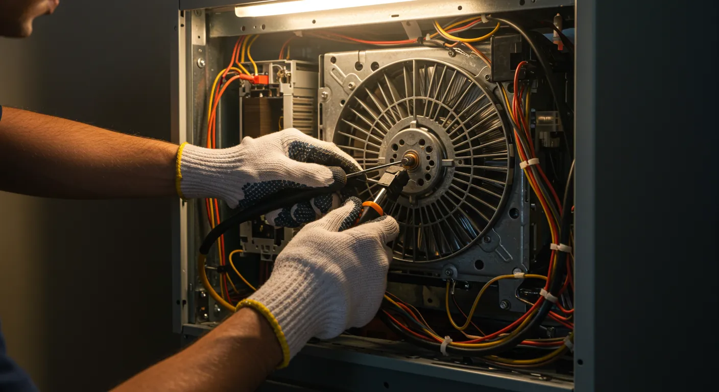 A service technician uses a screwdriver and pliers to adjust the blower fan motor inside a modern furnace.
