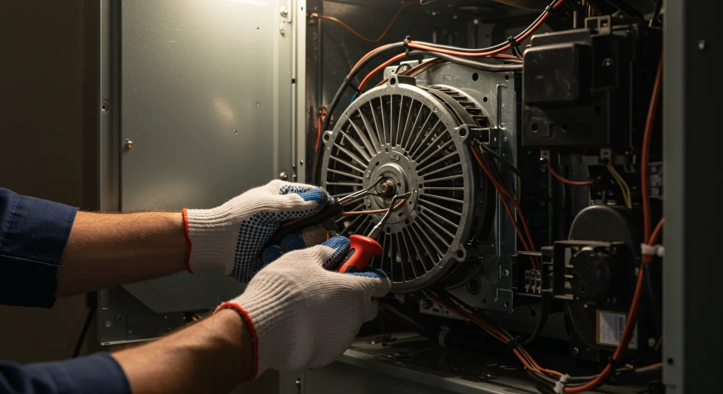 A close-up view of a technician's hands, in white gloves, meticulously working on the electrical wiring and blower motor of a heating unit.