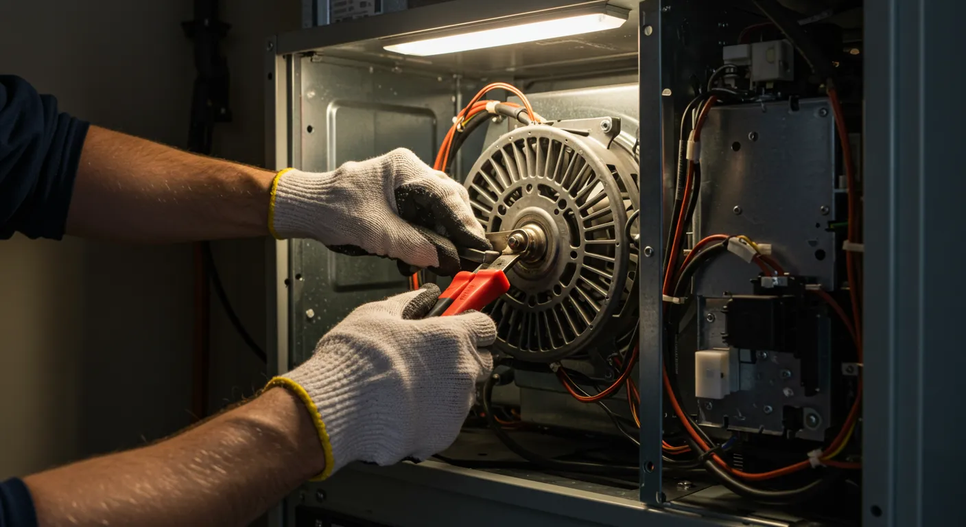 A close-up shot of a technician with gloved hands using tools to service the internal components of a furnace.