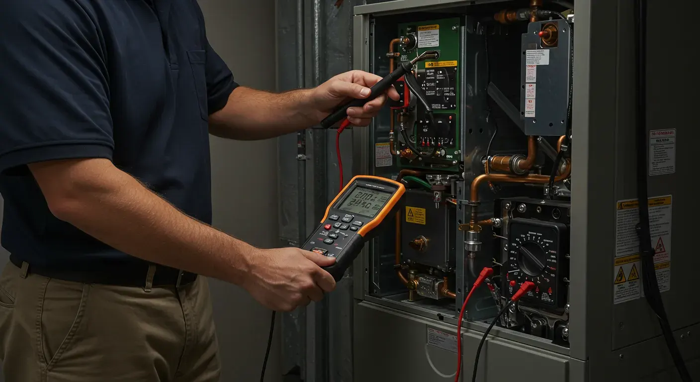 HVAC technician using a multimeter to check furnace wiring.