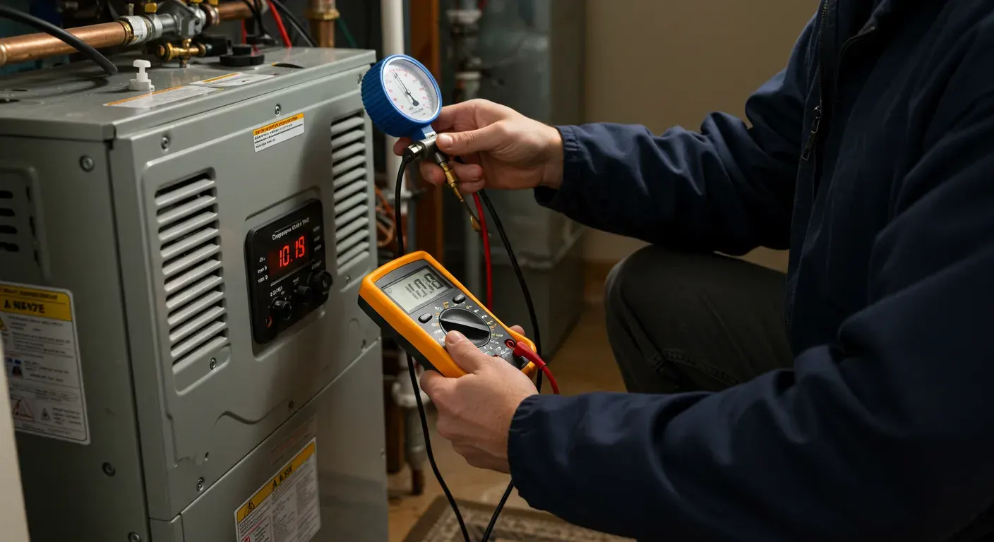 Close-up of hands using tools to service an HVAC unit.