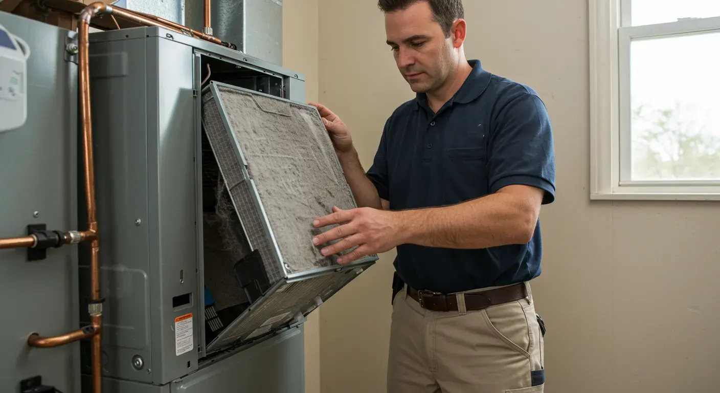 A man removing a very dirty, gray furnace filter.