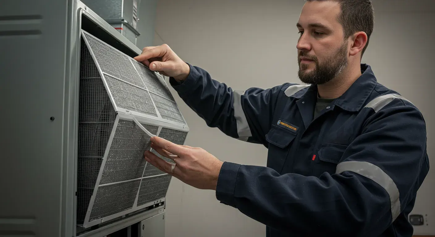 Technician replacing a clean, pleated furnace filter.
