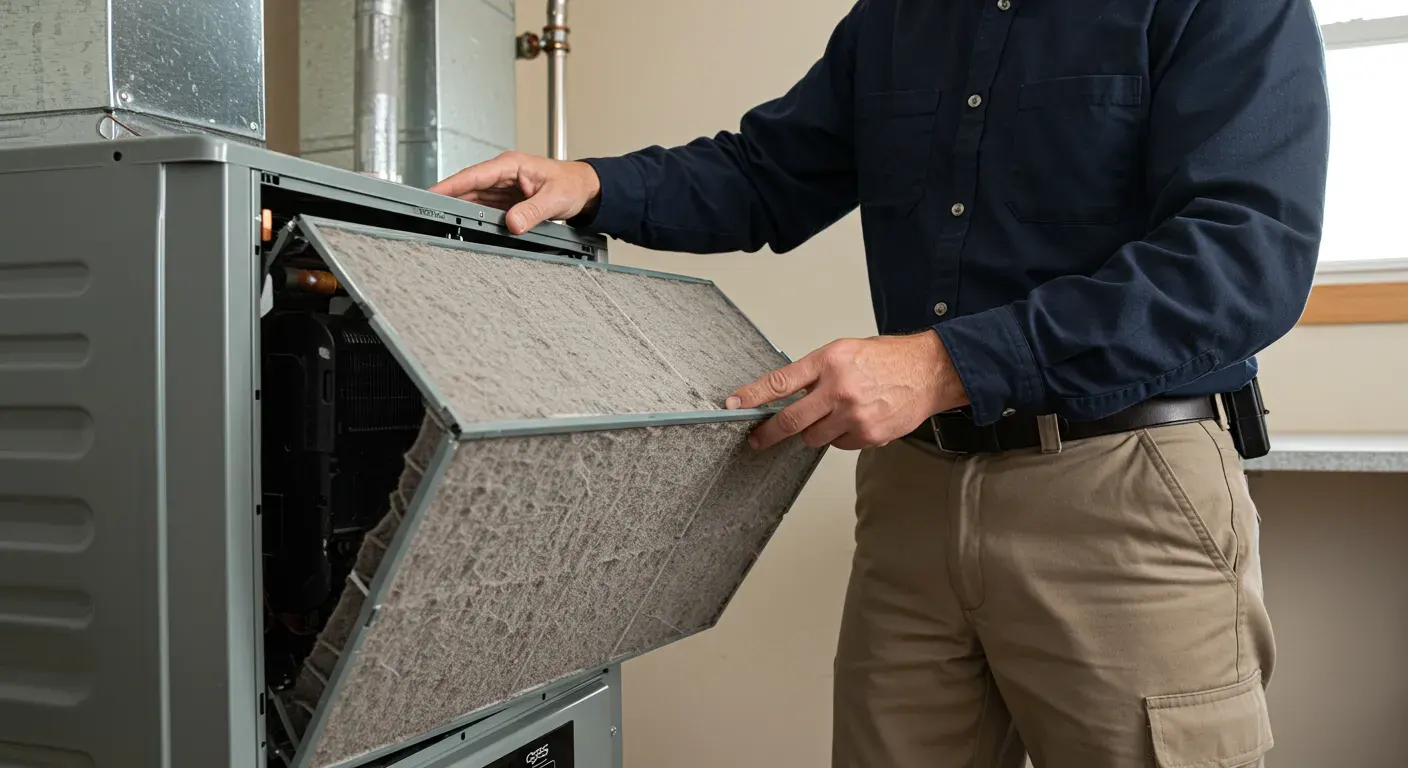 Man inspecting a dirty HVAC furnace air filter.