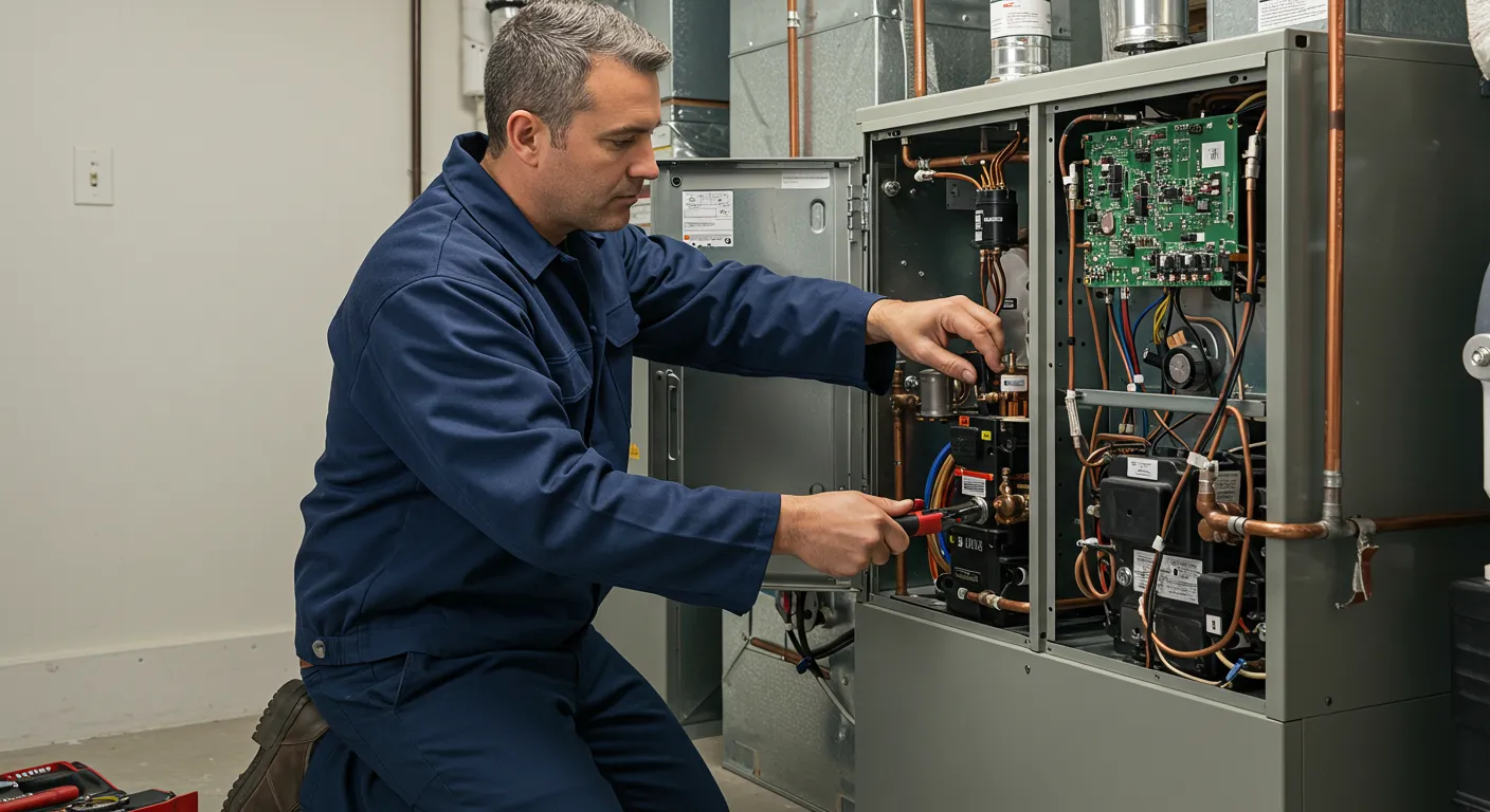 HVAC technician repairing wiring inside an open furnace.
