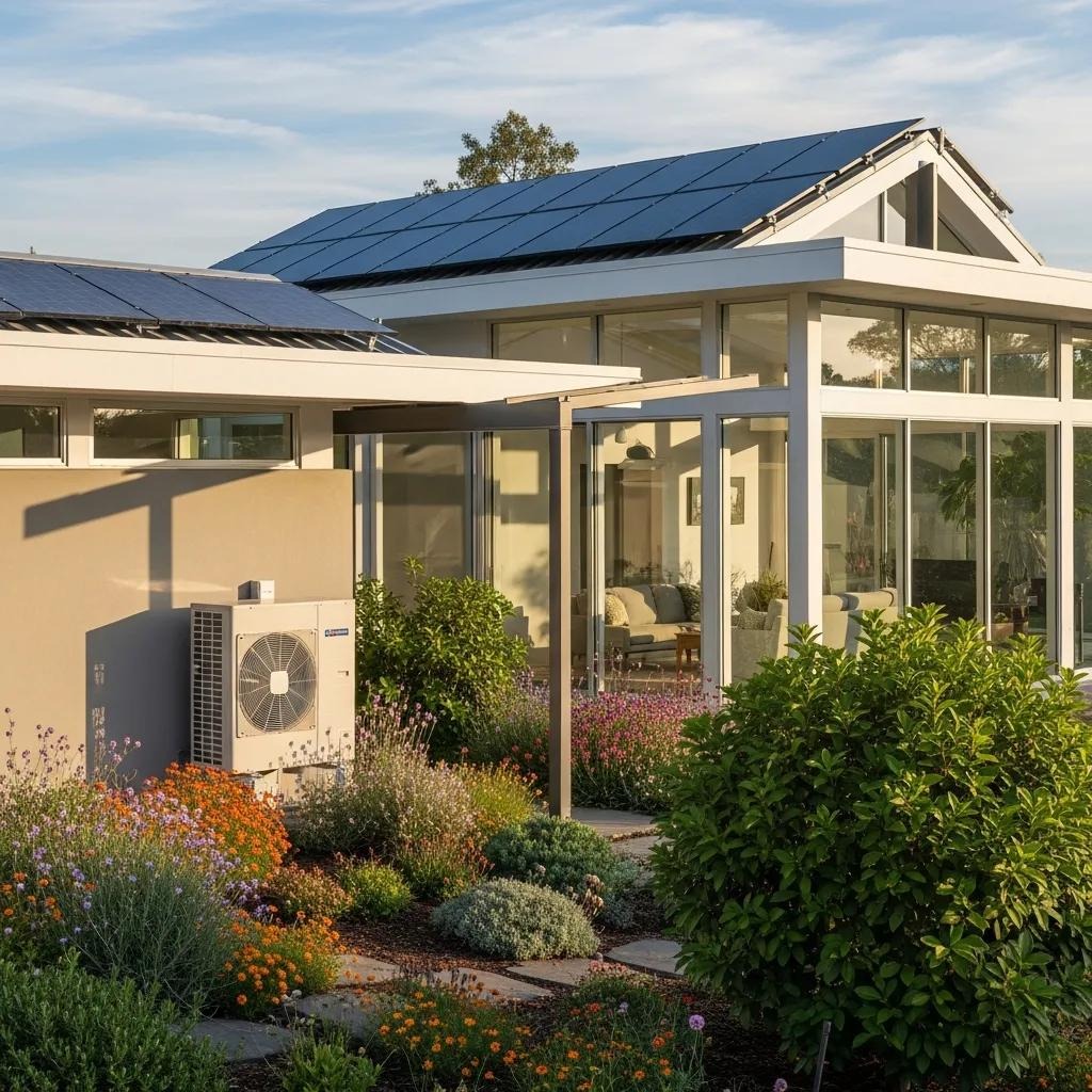 Modern home with energy-efficient AC system and solar panels, representing sustainable cooling