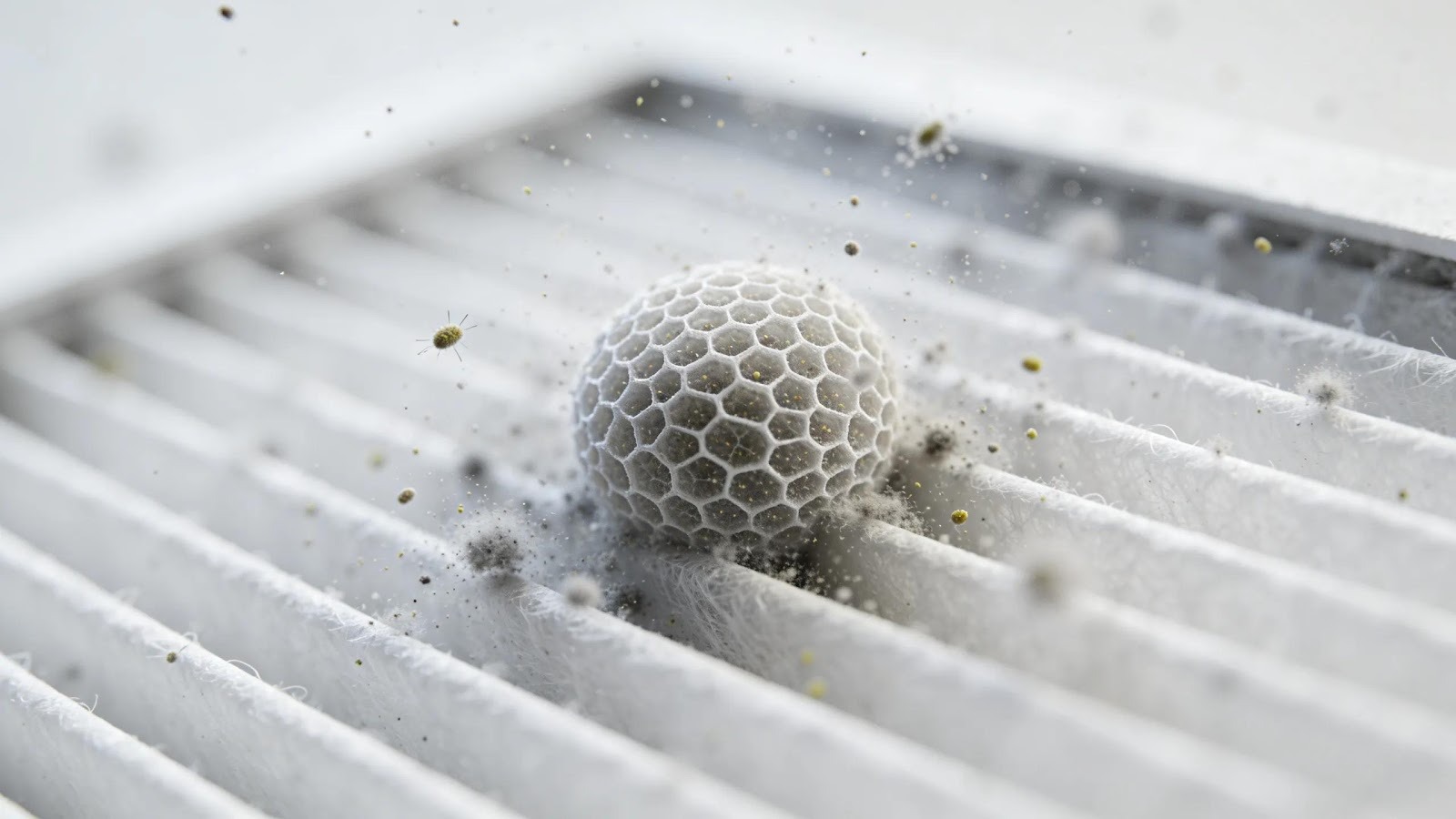 High-efficiency HEPA filter in focus, demonstrating its capability to capture airborne allergens and improve indoor air quality.