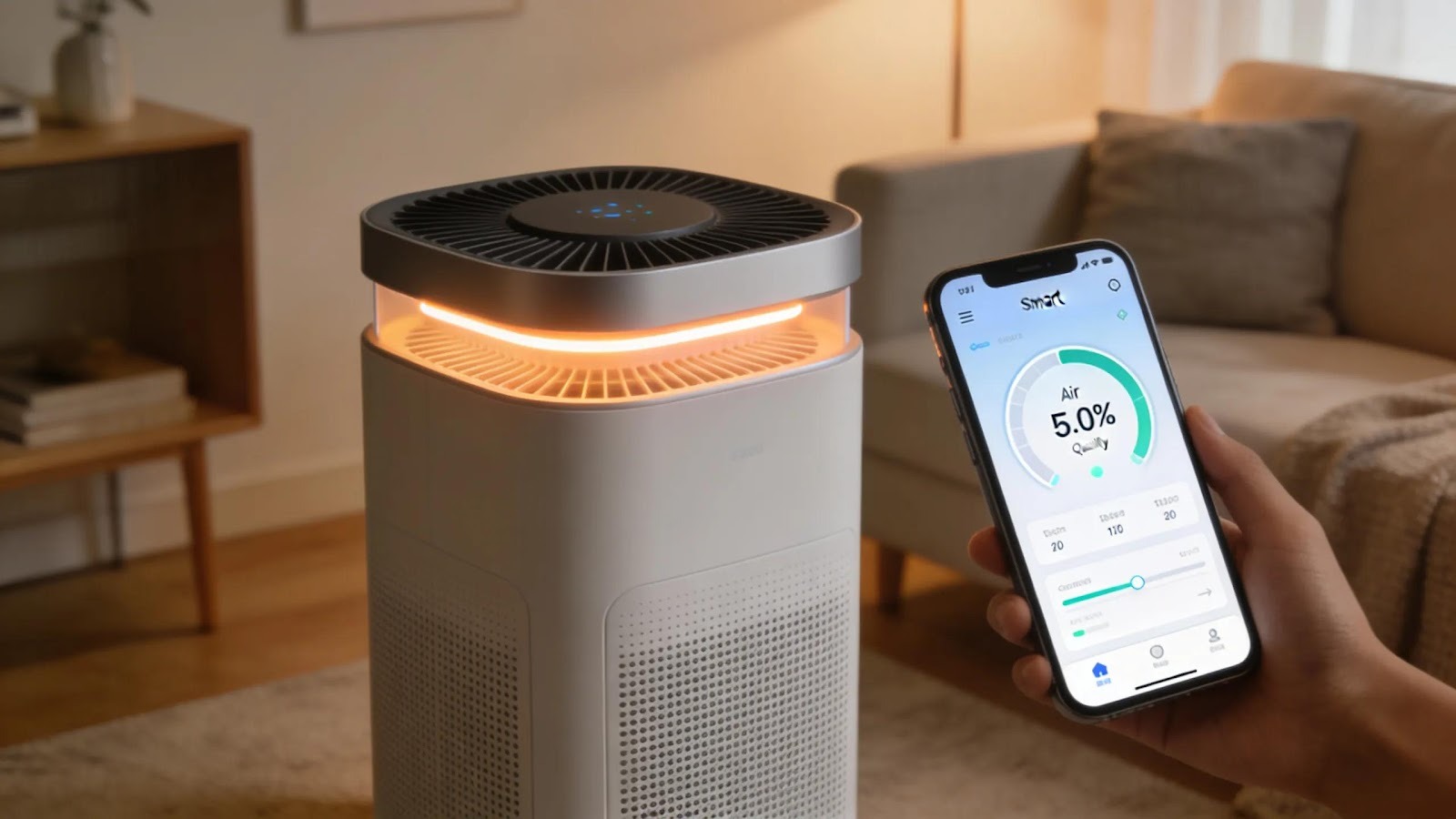 Smart air purifier with app interface in a modern home, highlighting connectivity and air quality monitoring features.