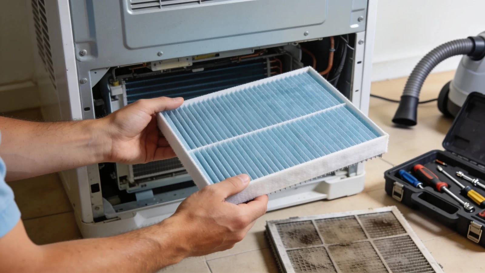 Homeowner replacing HVAC air filter, showcasing effective DIY maintenance for airflow