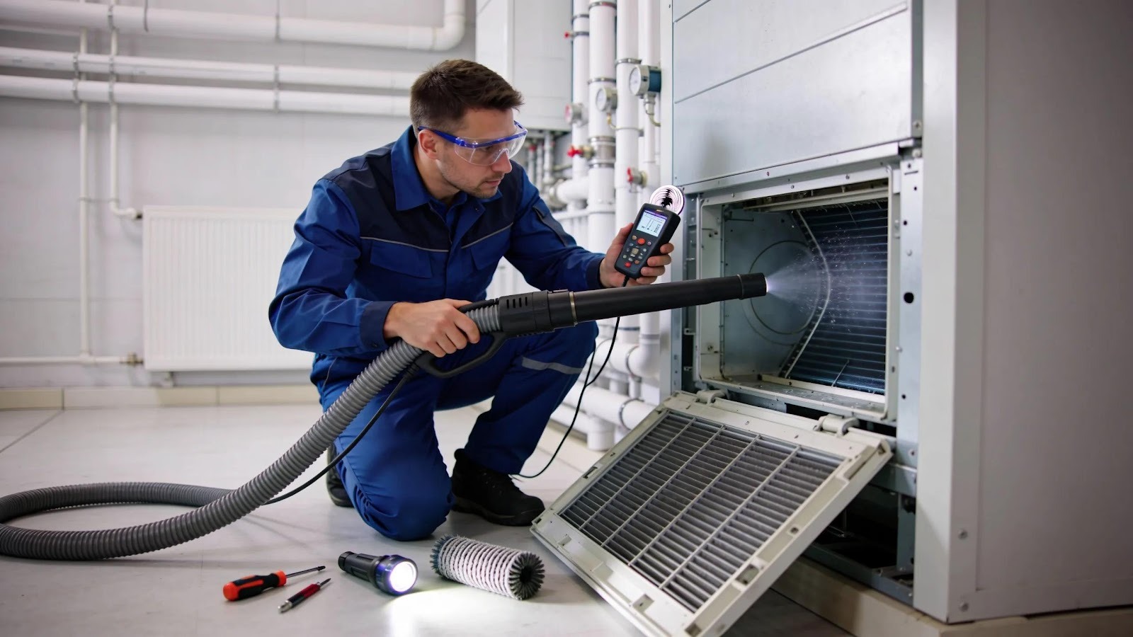 Technician performing HVAC maintenance, emphasizing duct cleaning and airflow optimization