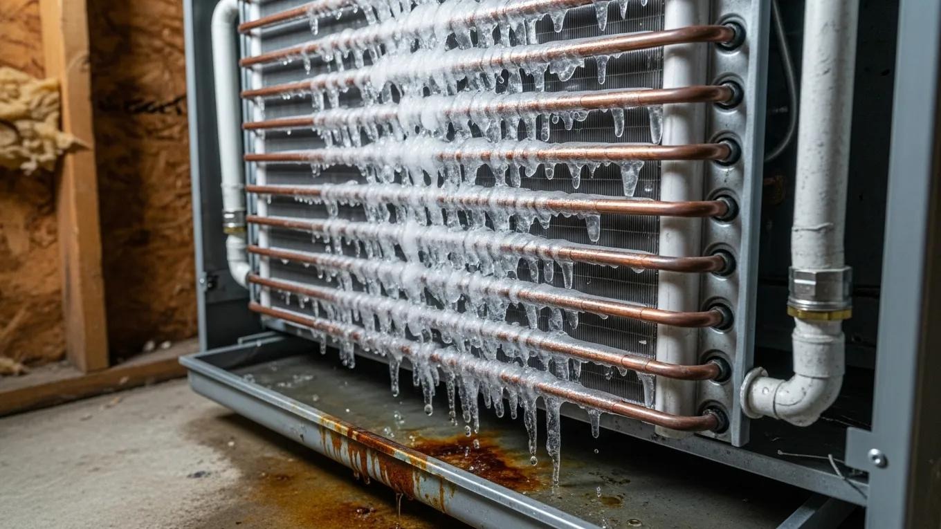 AC unit with ice buildup indicating refrigerant leak symptoms