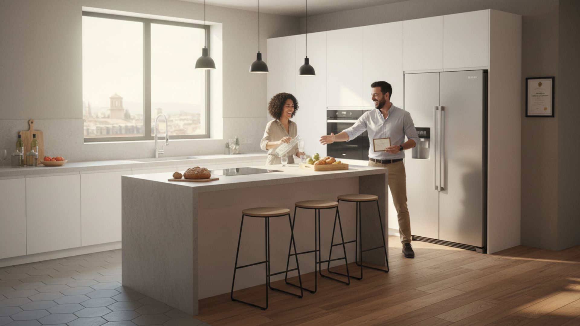 Cocina moderna reformada en Logroño por Carmona & Crespo con licencia de obras tramitada, diseño blanco minimalista y vistas urbanas