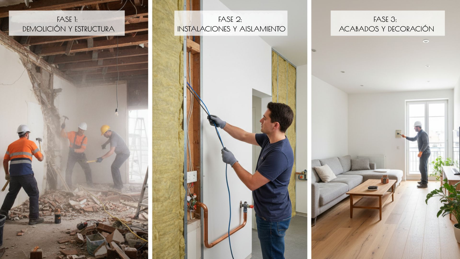 Las tres fases principales para reformar una casa antigua: demolición y estructura, instalaciones y aislamiento, acabados y decoración