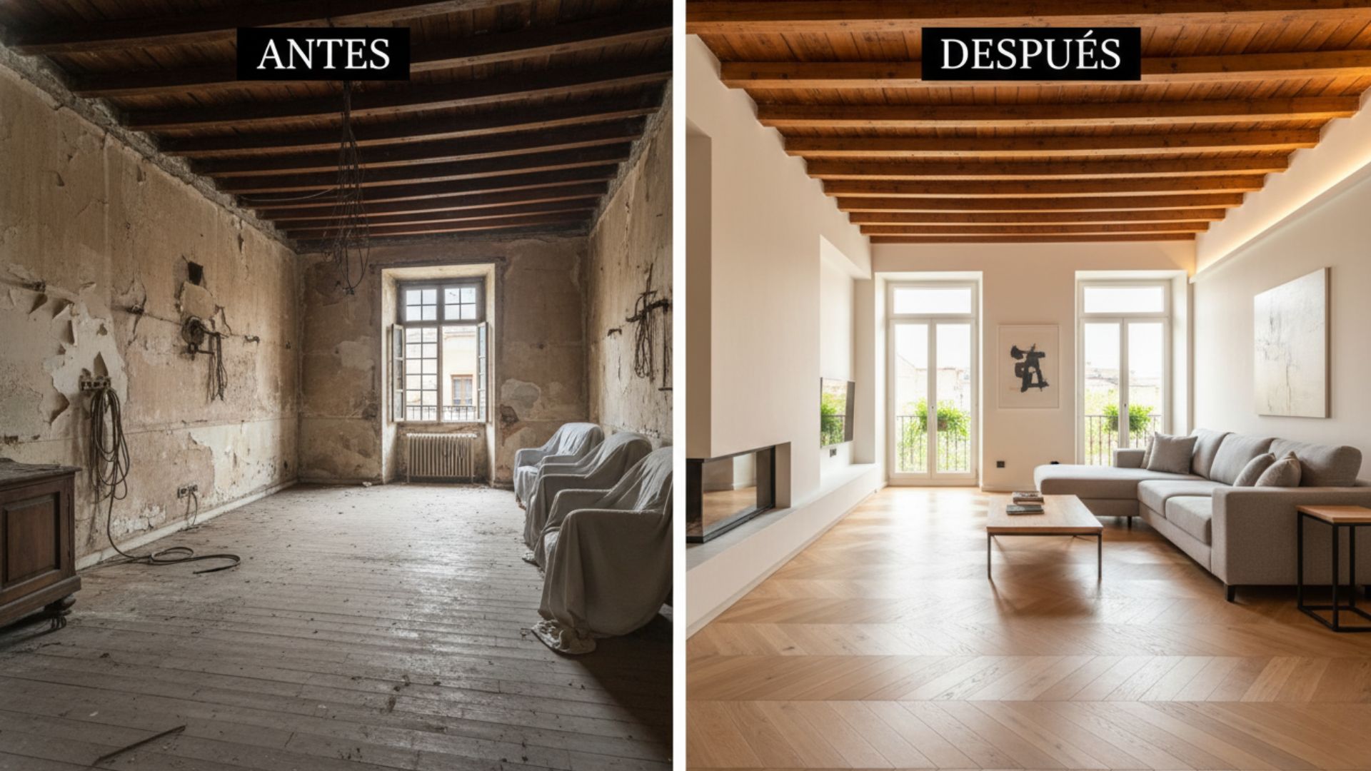 Antes y después de rehabilitar un salón con vigas de madera originales: de vivienda en ruinas a estancia moderna con suelos de madera