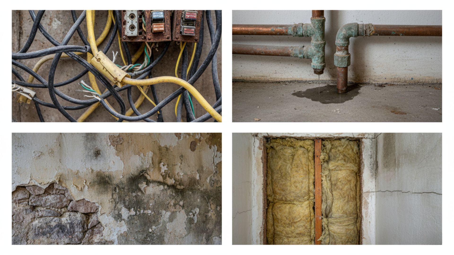 Problemas habituales en viviendas antiguas: instalación eléctrica obsoleta, tuberías con fugas, humedades y aislamiento deteriorado
