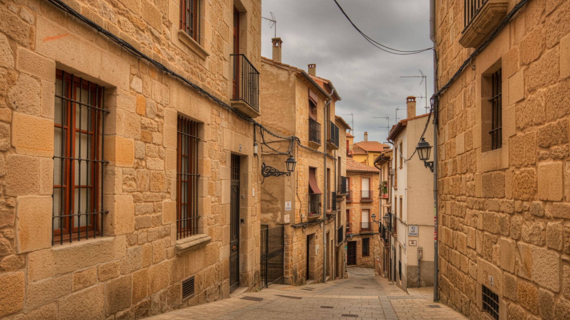 Viviendas antiguas de piedra parcialmente reformadas en el centro histórico de Logroño, La Rioja