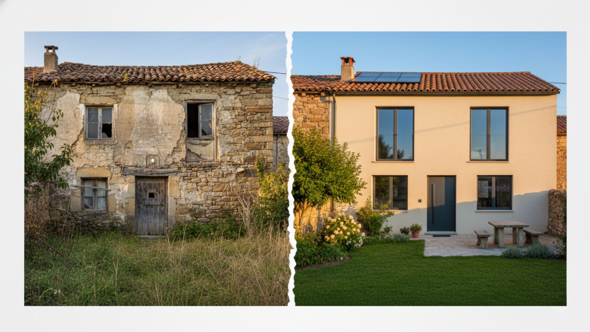 Reforma integral de casa antigua de pueblo: comparativa antes y después de la rehabilitación de fachada y jardín