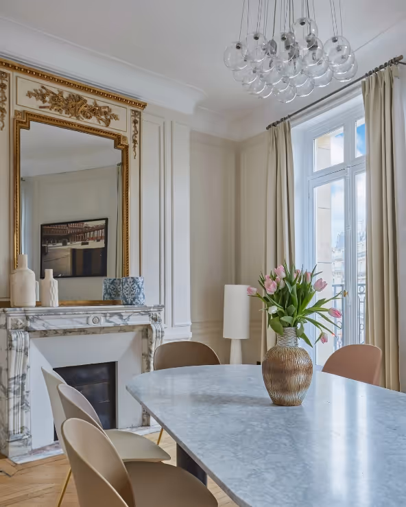 Gray table and luxury decor in a furnished apartment on a mobility lease, Yuna.
