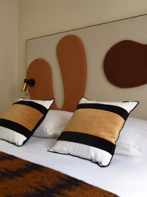 Focus on a double bed in a furnished apartment for romantic stay and mobility lease, Yuna.
