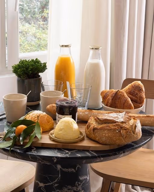 Breakfast set on the table in a furnished business hotel, Yuna.